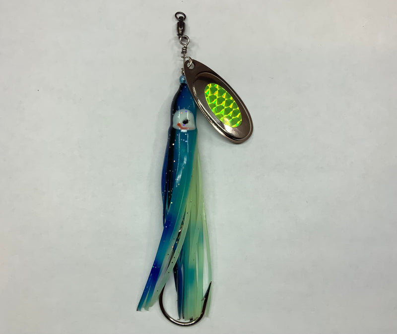 3/4oz Premium Blue Tiger River Witch, $10.00, Salmon Spinner, Spin-X Designs Tackle